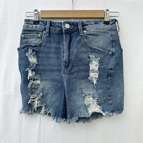 Almost Famous Super High Rise Denim Shorts Distressed Raw Hem Women 5 Junior NWT - Picture 1 of 13